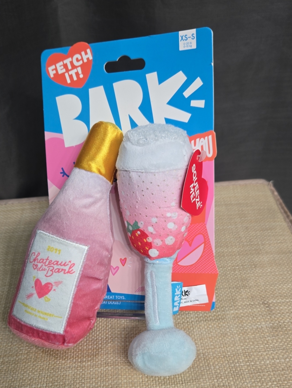 Bark Pink & Gold Plush Champagne Bottle and Glass Dog Toys